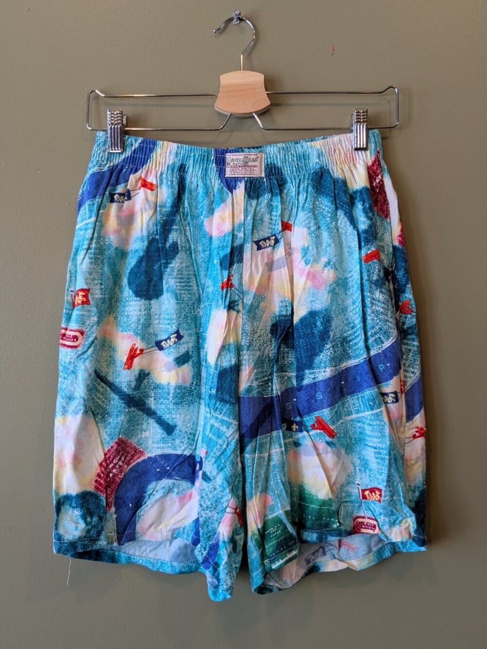 Vtg BayouWear Art4Now Rayon Shorts Size M Sky Blue Airplane Map New Orleans NOLA